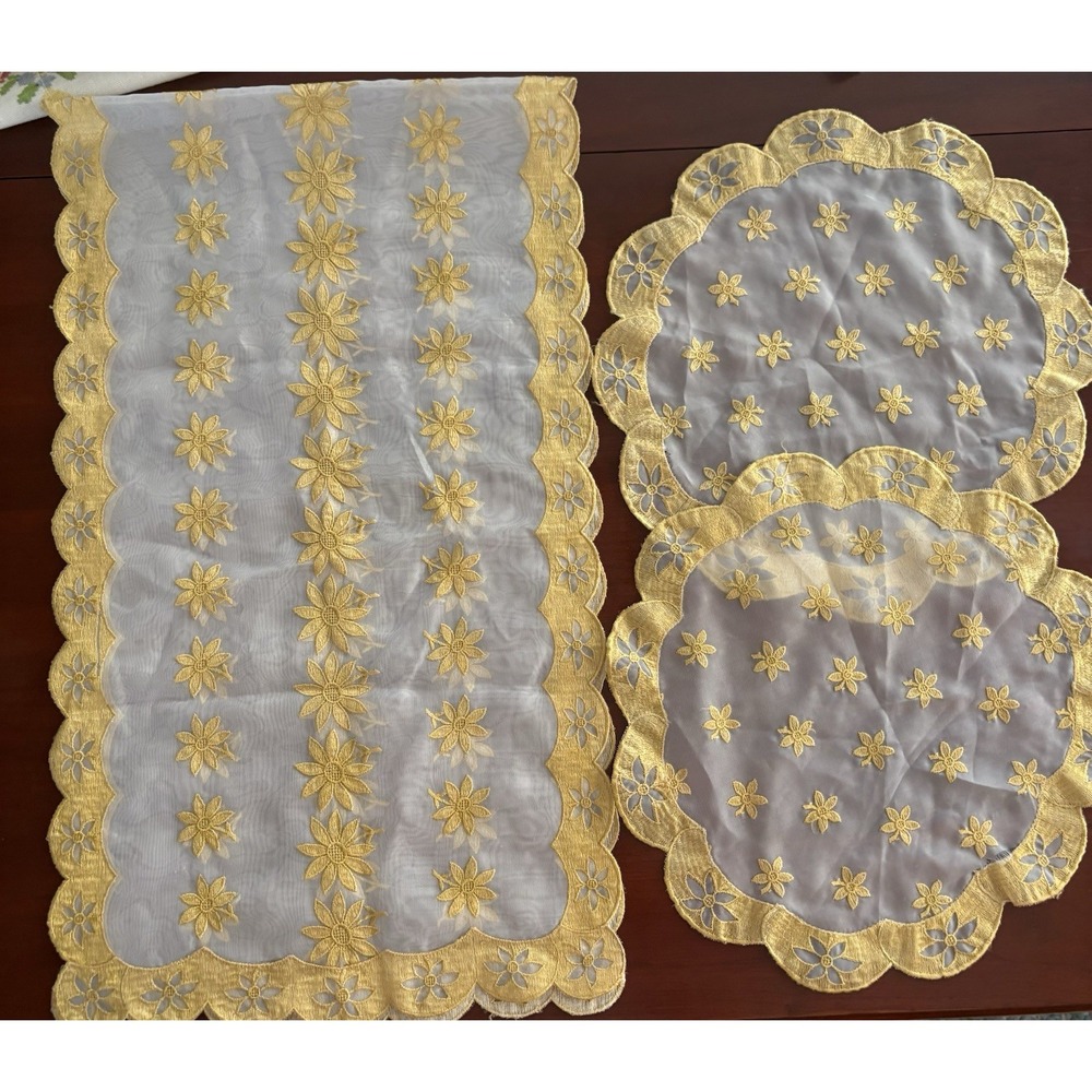 VTG Dresser Vanity Scarf Set (3) Cottage Core Shabby Chic Golden Yellow Flowers